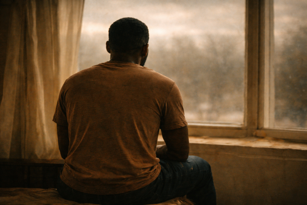Young Black man sitting by a window with his back to the camera, looking outside in soft natural light.