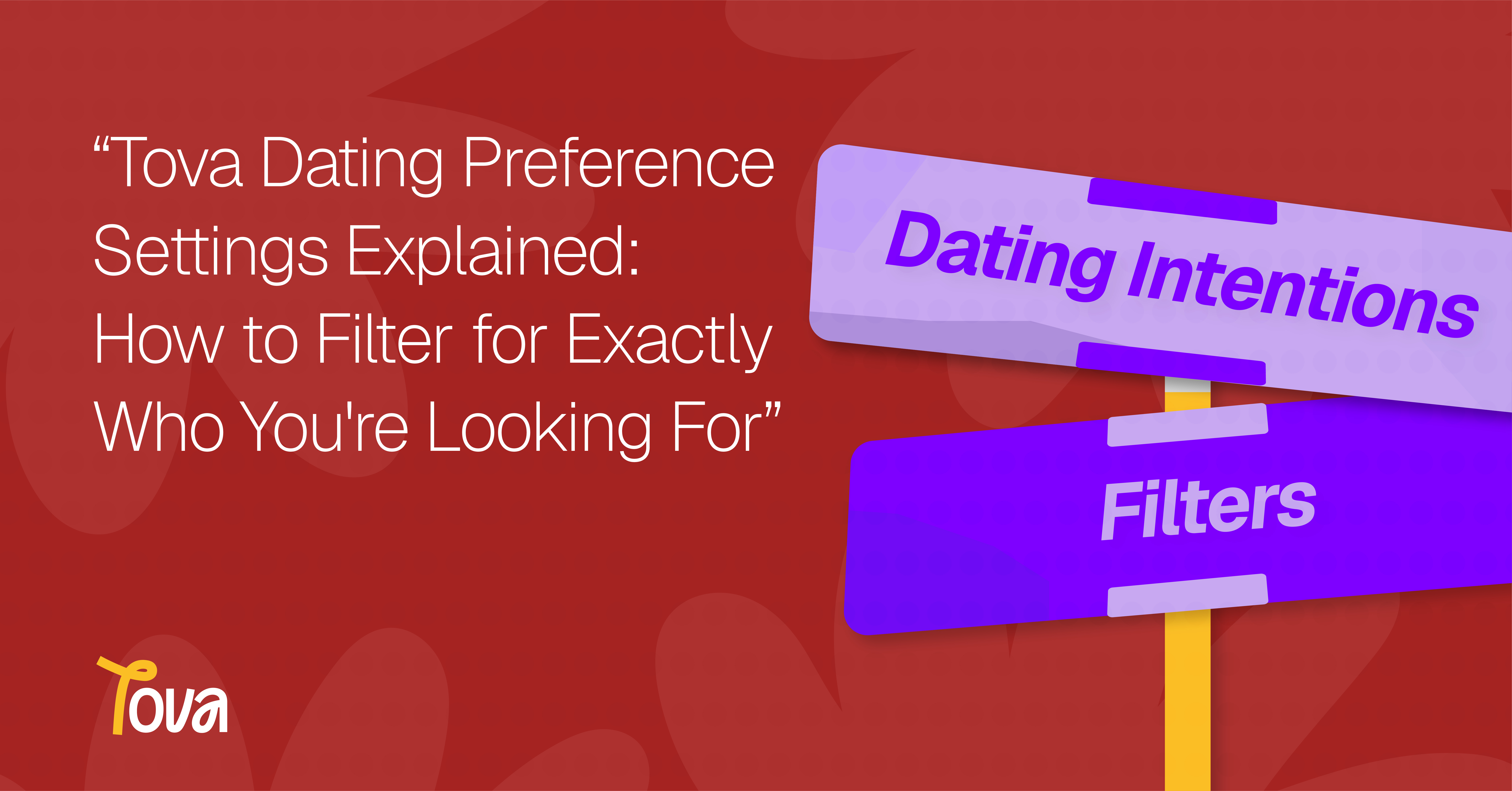 Tova dating app blog post cover image with the title Tova Dating Preference Settings Explained How to Filter for Exactly Who You're Looking For alongside a street sign illustration labeled Dating Intentions and Filters