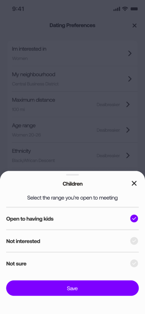 Tova dating app Children preference filter showing options to select open to having kids, not interested, or not sure