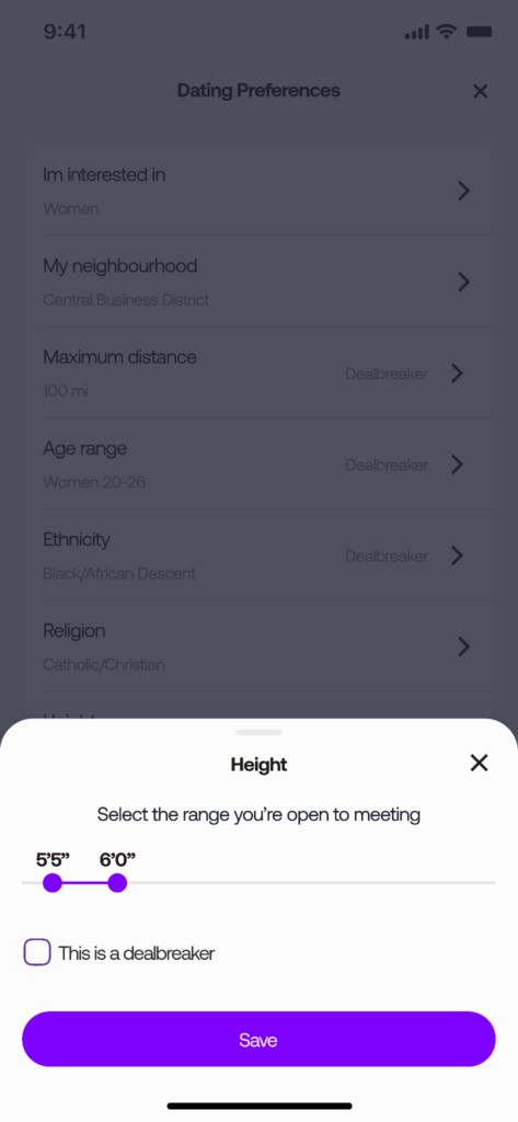 Tova dating app Height preference filter with a range slider set between 5'5" and 6'0"