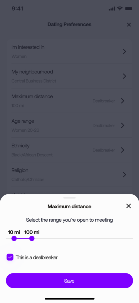 Tova dating app Maximum Distance filter with a range slider set between 10 and 100 miles with dealbreaker option enabled