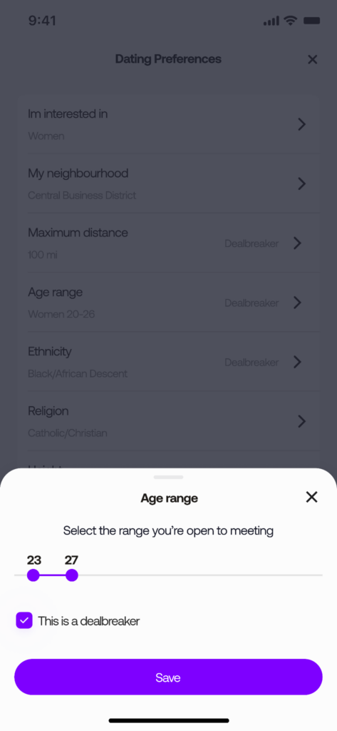 Tova dating app Age Range filter with a range slider set between 23 and 27
