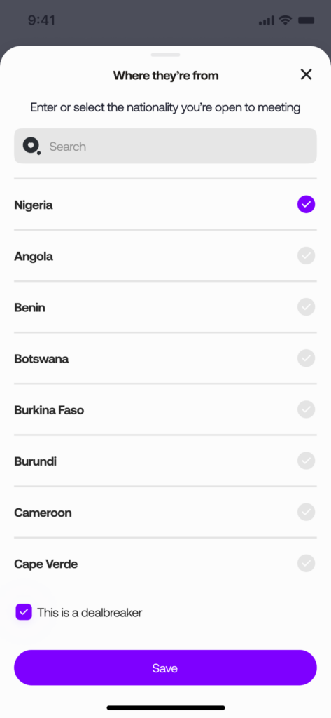 Tova dating app Where They're From filter showing African nationality options including Nigeria, Angola, Benin, and Botswana