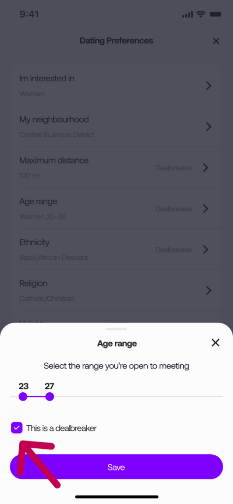 Tova dating app Age Range filter with a range slider set between 23 and 27 with dealbreaker option enabled