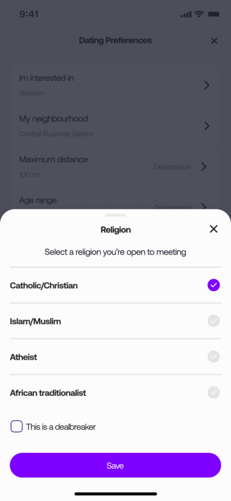 Tova dating app Religion preference filter showing options including Catholic/Christian, Islam/Muslim, Atheist, and African Traditionalist