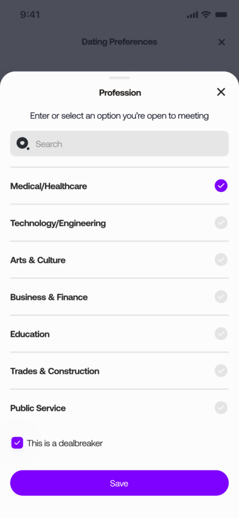 Tova dating app Profession filter showing career categories including Medical/Healthcare, Technology/Engineering, Arts and Culture, and Business and Finance